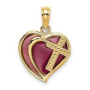 14k Yellow Gold Heart Cross Purple Stained Glass Enamel Necklace Charm Pendant
